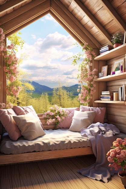 a 3D cozy reading nook by a window with a view of a spring landscape outside