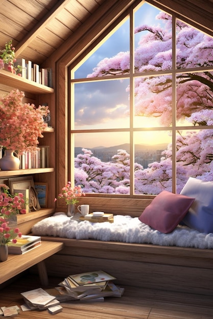 a 3D cozy reading nook by a window with a view of a spring landscape outside