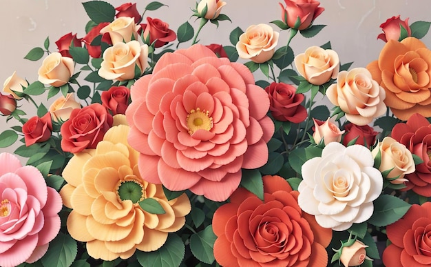 3Dクラフトのカラフルな花とバラの壁紙