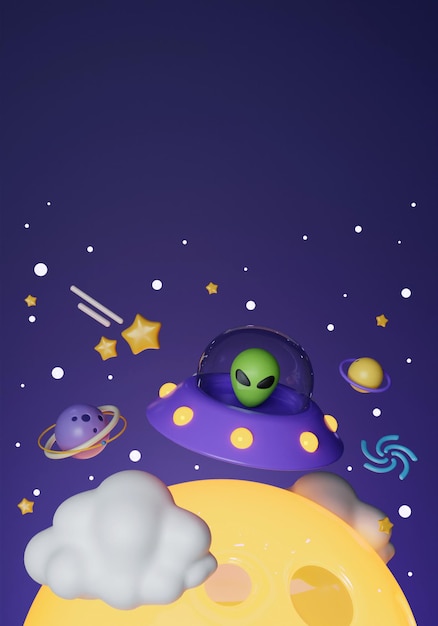 3D 動畫空間設計,UFO 外星人,星球和太空配件在深紫色背景上 3D 渲染插圖