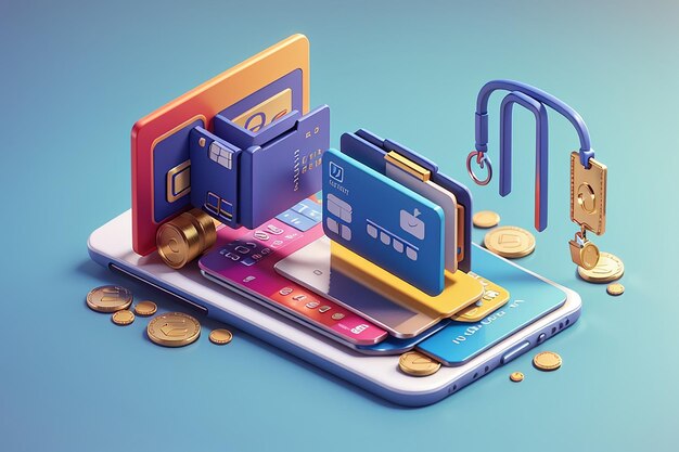 3d credit card money financial security for online shopping online payment with payment protection shopping with mobile phone password security 3d finance vector icon render illustration