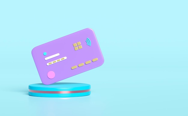 3d credit card with stage podium isolated on blue background saving money wealth business cashback money refund concept 3d render illustration include clipping path