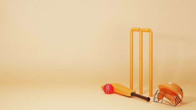 Attrezzature di cricket 3d come pipistrello, palla, monconi di wicket e casco su sfondo giallo pastello con spazio di copia.