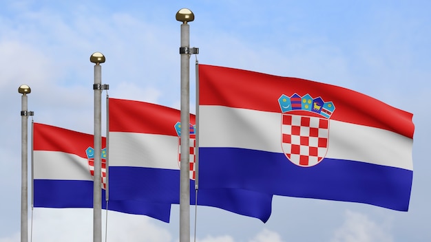 3D, Croatian flag waving on wind with blue sky and clouds. Close up of Croatia banner blowing, soft and smooth silk. Cloth fabric texture ensign background.