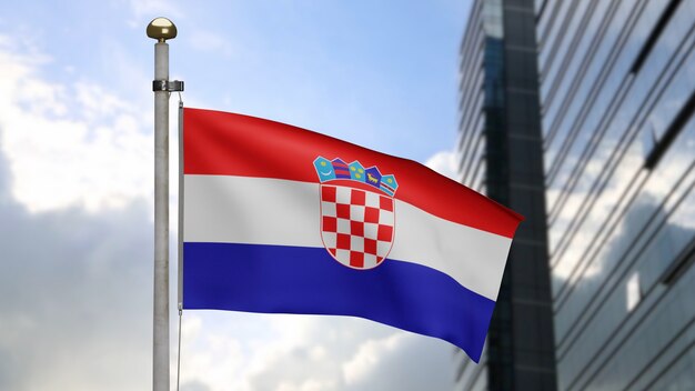 3D, Croatian flag waving on wind with modern skyscraper city. Croatia banner blowing smooth silk. Cloth fabric texture ensign background. Use it for national day and country occasions concept.