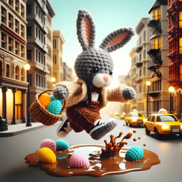 Foto 3d crochet bunny bambola in stile hip hop con cesto di uova di pasqua che salta su pozzanghere fangose sulla strada della città