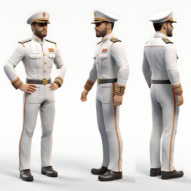 Photo 3d of cruise ship captain uniform with rank insignia depicti character turnaround on white bg