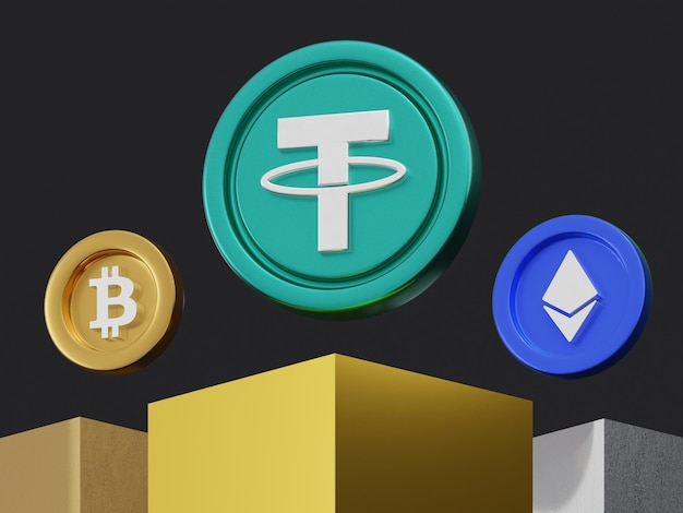 3D-криптовалюта USDT EthereumETH Bitcoin, плавающая на сцене 3D-иллюстрация