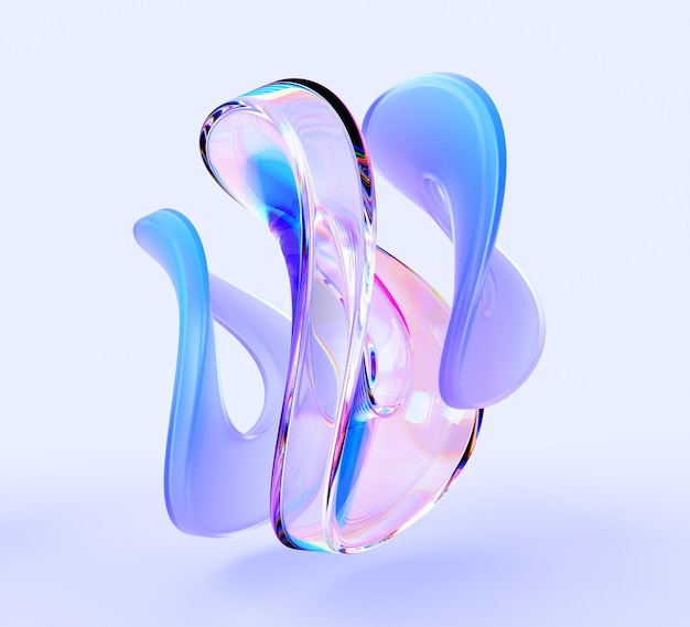 3d crystal light holographic glass figures in shape of infinity render abstract geometric transparent and morphism object of plastic and liquid wave forms with hologram refraction