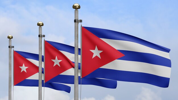 3D, Cuban flag waving on wind with blue sky and clouds. Close up of Cuba banner blowing, soft and smooth silk. Cloth fabric texture ensign background.