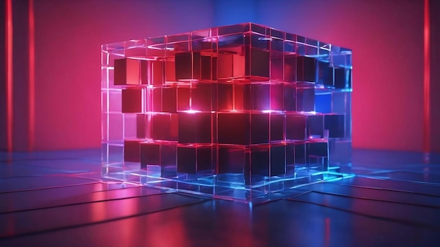 A 3d cube with a blue background and a red and blue light