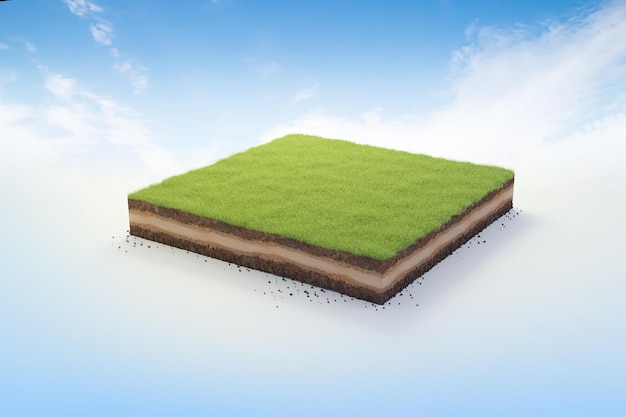 3D cubical beautiful grass land with soil geology cross section 3D Illustration ground ecology isolated on blue sky