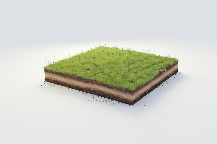 3D cubical beautiful grass land with soil geology cross section 3D Illustration ground ecology isolated on whit background