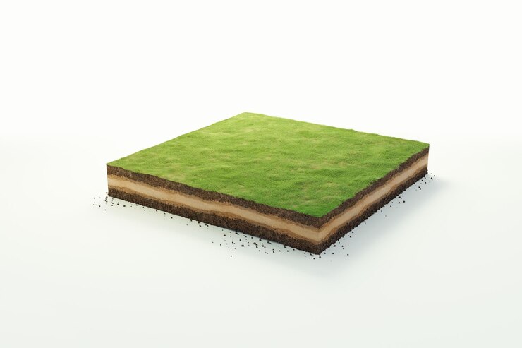 3D cubical beautiful grass land with soil geology cross section 3D Illustration ground ecology isolated on whit background