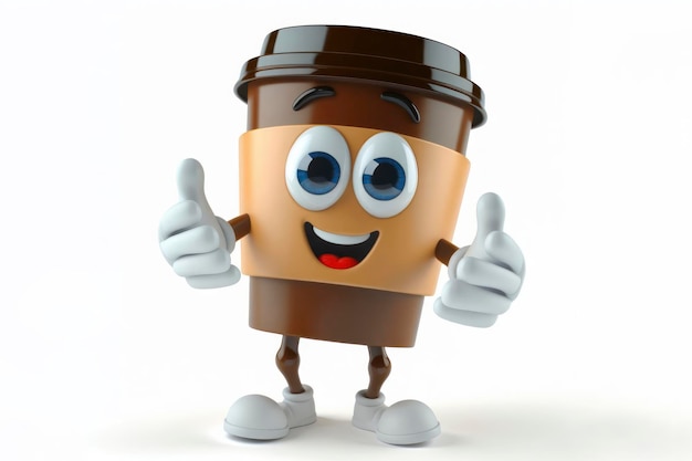 Photo 3d cup coffee character with a smiling face on a white background ai generative