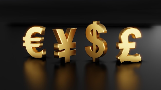 3D currency symbols including the Pound Yen Dollar Euro