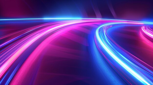 A 3D curved neon light effect background illustrates a high speed concept The light trail is curved outside in every direction