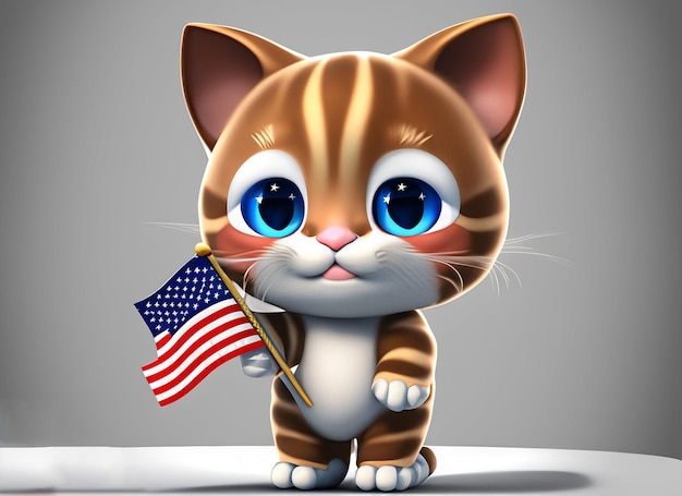 3D милый котенок держит в руке флаг США