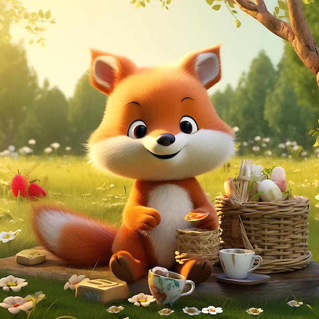 3d Cute Baby Fox picnic on the Forest