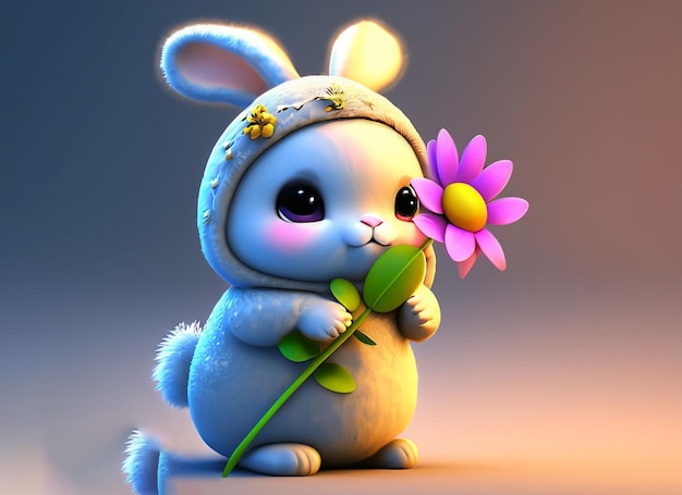 3d cute baby rabbit holding flower