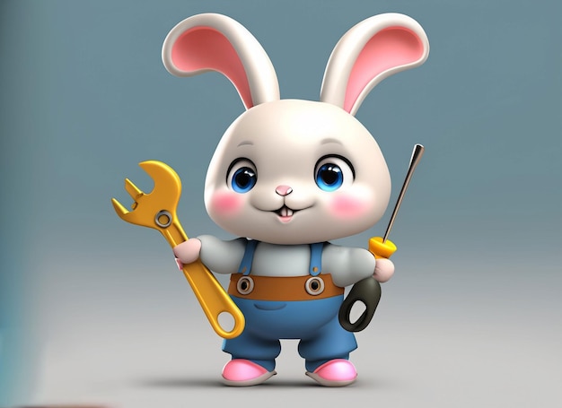 3d cute baby rabbit holding plague tools in hand