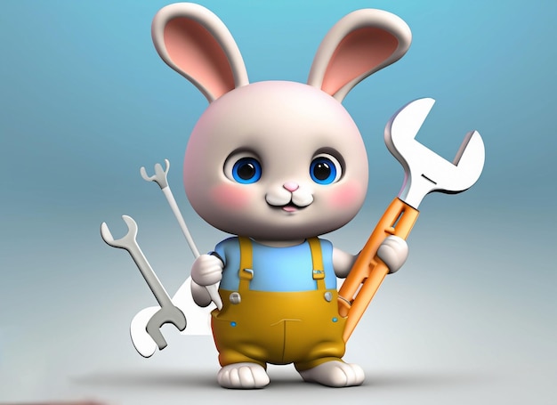 3d cute baby rabbit holding plague tools in hand