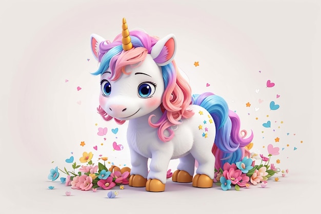 3d cute baby unicorn with flower on white background