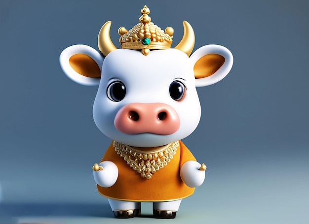 3d cute baby white cow holding and wearing a ghagra in his with a crown solid background