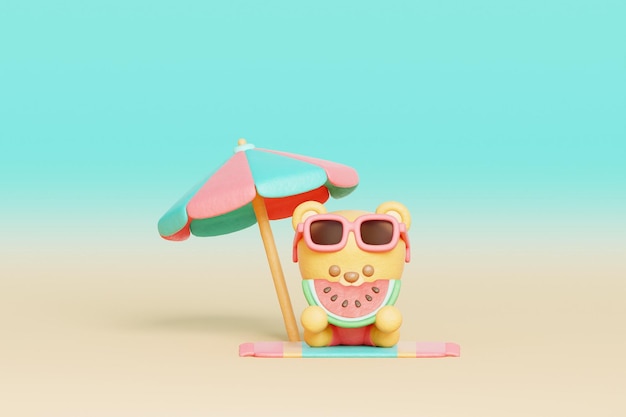 3d cute bear animal on the beach Summer beach cartoon Holiday vacation