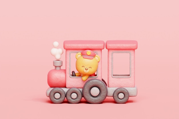 3D 귀여운 이 기차를 운전하는 만화 동물 캐릭터 3D 렌더링