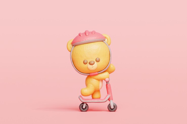 Photo 3d cute bear playing scooter cartoon animal character 3d rendering