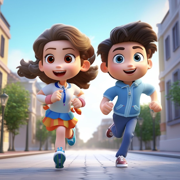 3d cute boy and girl running together smiling