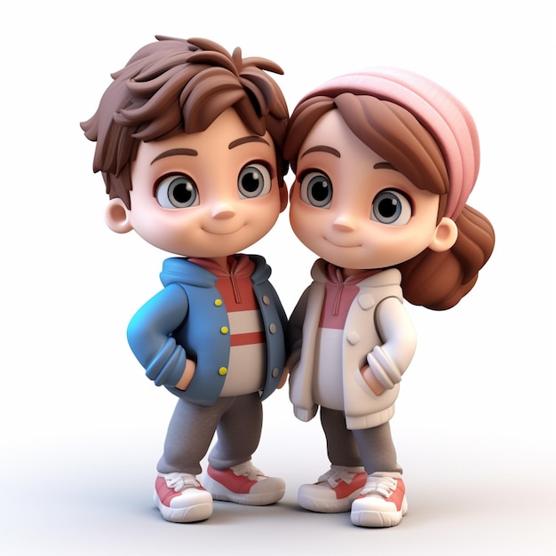 3D Cute Boy and Girl Together Smiling