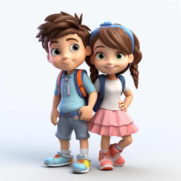 3D Cute Boy and Girl Together Smiling