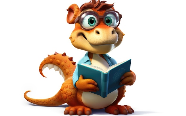 Photo 3d cute cartoon animal character librarian reading books on white background