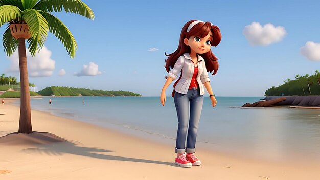 Photo 3d cute cartoon girl on beach