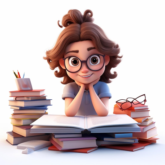 3D Cute Cartoon Girl Studying Education Illustration