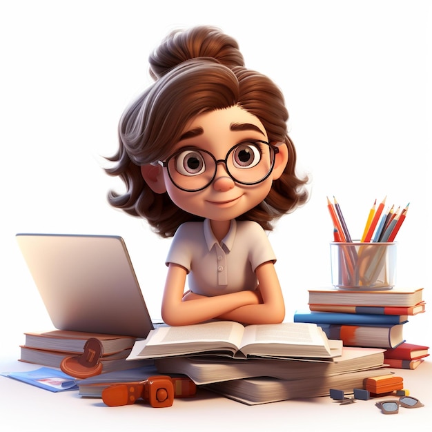 3D милая мультфильмная девушка изучает иллюстрацию образования