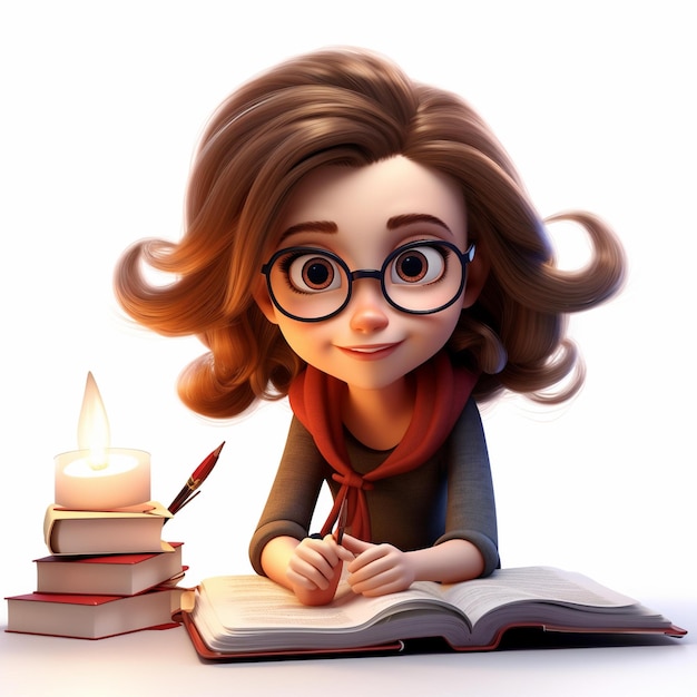 3D Cute Cartoon Girl Studying Education Illustration