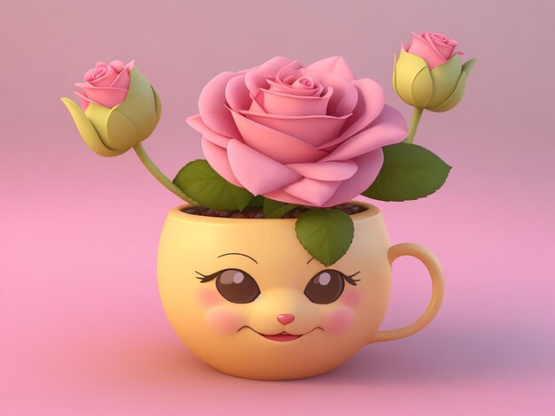 Photo 3d cute cartoon pink flower in a pot by generate ai