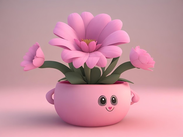 Foto 3d simpatico cartone animato fiore rosa in un vaso di generate ai