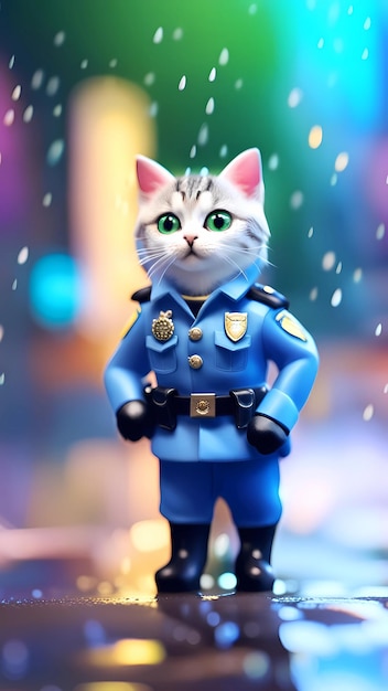 Photo 3d cute cat in police uniform in the streets 3d drawing cartoon artwork