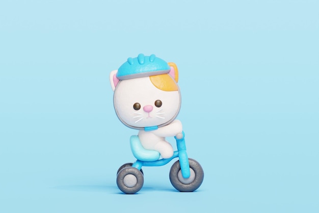 3D 귀여운 고양이 자전거를 타는 만화 동물 캐릭터 3D 렌더링
