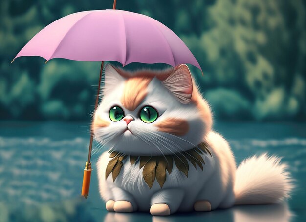 3d cute cat with flowers book with colorful background under the umbrella