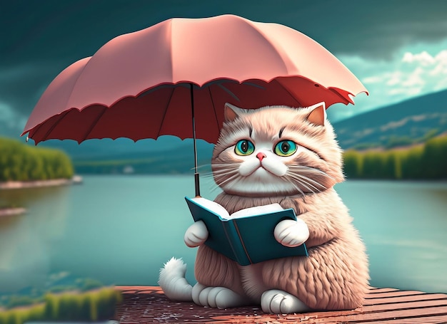 3d cute cat with flowers book with colorful background under the umbrella