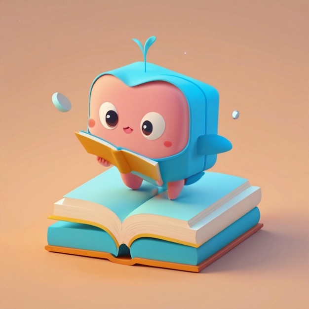 3d cute character mascot at book