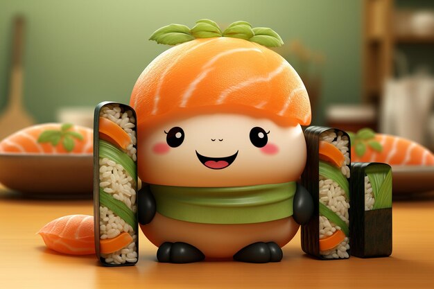 Foto personaggio carino 3d con bastoncini di sushi