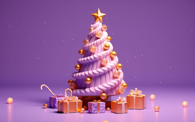 자주색 및 금색 생성 AI의 선물 상자 및 장식이 있는 3D 및 귀여운 크리스마스 트리
