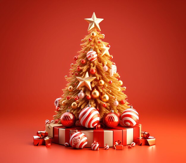 3D and Cute Christmas Tree with Gift Boxes and Decorations in Red and Gold Generative AI