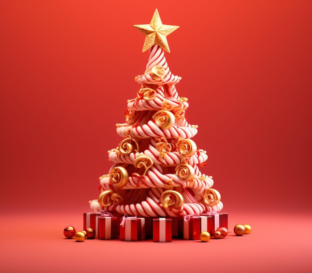 빨간색과 금색 생성 AI의 선물 상자와 장식이 있는 3D 및 귀여운 크리스마스 트리